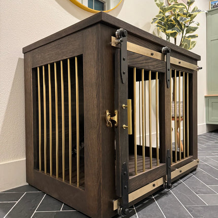 Rustic Dog Crate with Sliding Barn Doors – Handmade Wooden Kennel with Brass Bars & Hardware, Farmhouse Style, Custom Sizes (S, M, L, XL)