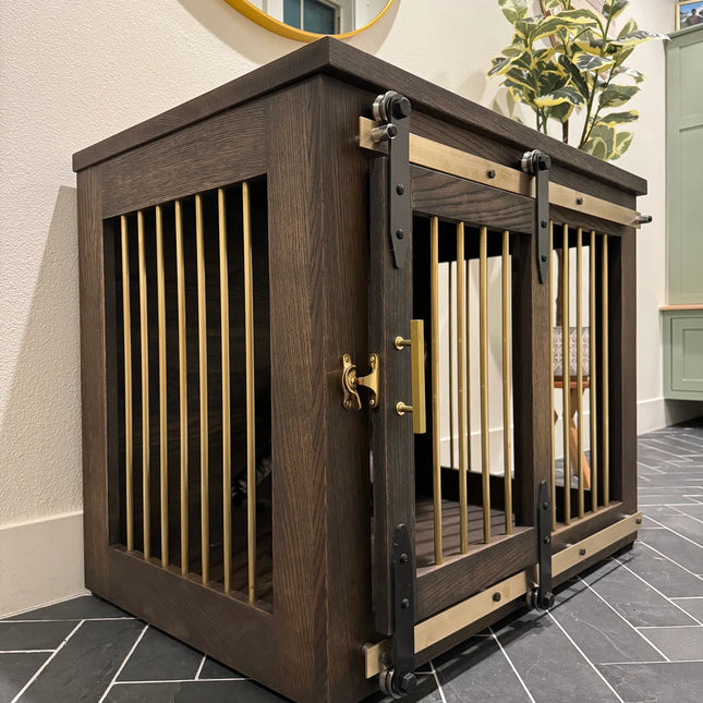 Rustic Dog Crate with Sliding Barn Doors – Handmade Wooden Kennel with Brass Bars & Hardware, Farmhouse Style, Custom Sizes (S, M, L, XL)