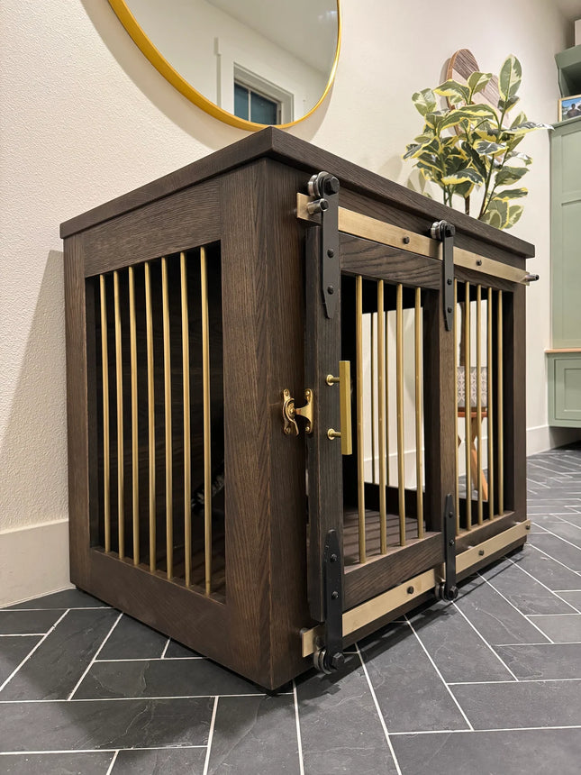 Rustic Dog Crate with Sliding Barn Doors – Handmade Wooden Kennel with Brass Bars & Hardware, Farmhouse Style, Custom Sizes (S, M, L, XL)