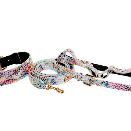 White Floral Mosaic Italian Leather Collar, Leash, Harness Set With Gold Classic Hardware