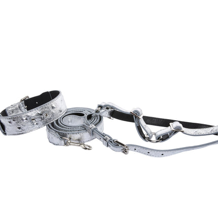 Silver Studded Italian Leather Classic Collar, Leash, Harness Set