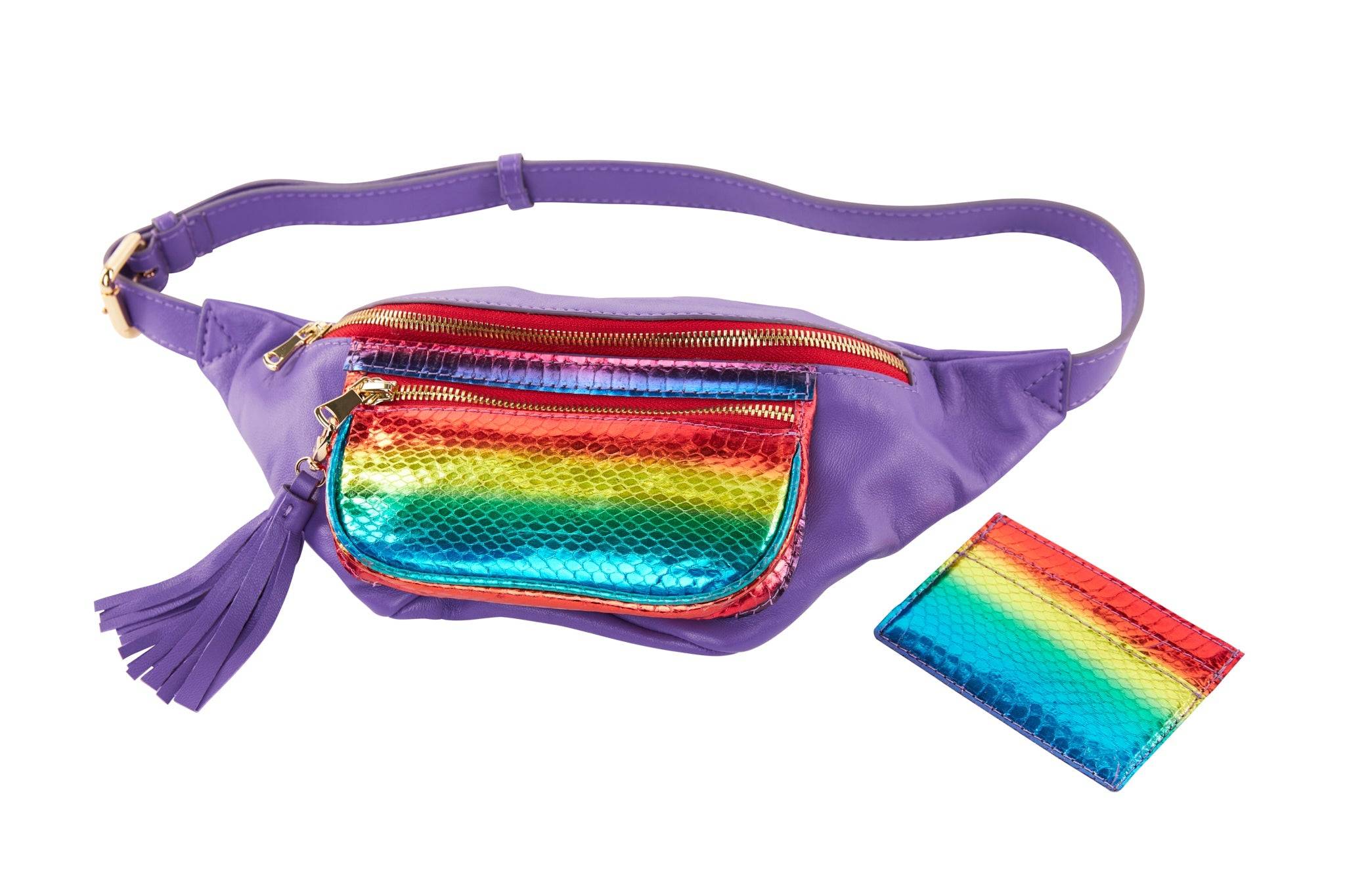 Pride Collection Rainbow Snake/Purple Italian Leather Belt Bag & Matching Rainbow Snake Card Wallet