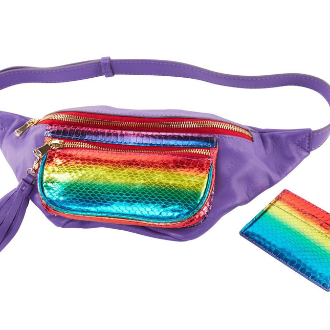 Pride Collection Rainbow Snake/Purple Italian Leather Belt Bag & Matching Rainbow Snake Card Wallet