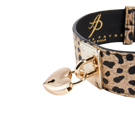 Champagne Gold Leopard Print Italian Leather Reversible Heart Locket/Classic Collar & Leash Set