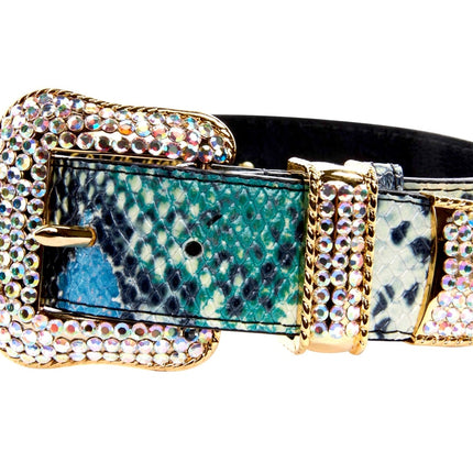 Green, Blue, Black, Red Embossed Snake Italian Leather Collar With Gold Swarovski Hardware