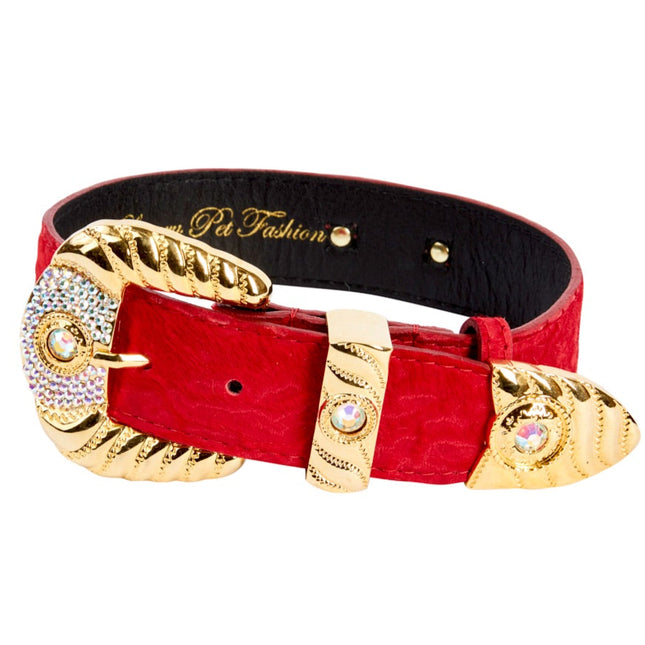 Red Hair On Hide Italian Leather Collar With Ornate Swarovski Hardware