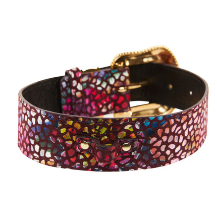 Luxury Pet Fashion Burgundy Floral Mosaic Italian Leather With Gold Swarovski Crystal Hardware