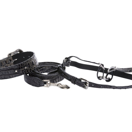 Dark Grey/Light Grey Embossed Croc Italian Leather Silver Swarovski Crystal Collar, Leash, Harness Set