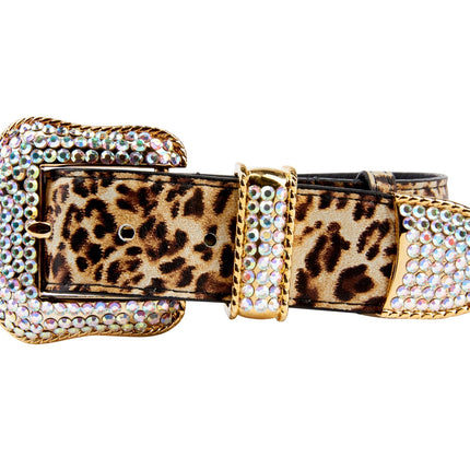 Leopard Print Italian Leather Collar With Swarovski Crystal Hardware