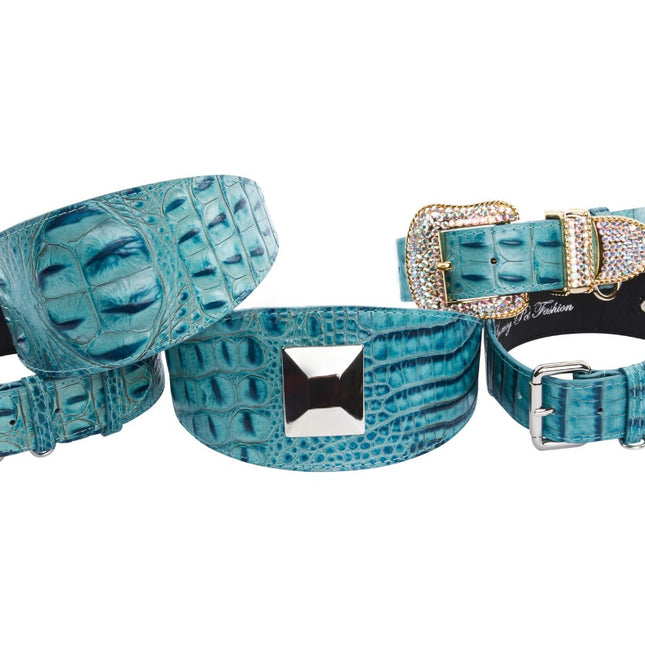 Turquoise Embossed Croc Italian Leather Collars. Amazing Set Of 5