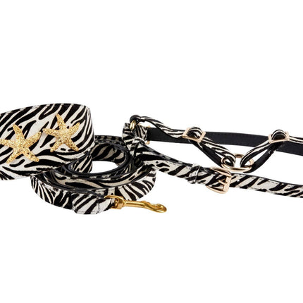 Zebra Print Hair On Hide Italian Leather 3” Wide Collar With Gold Starfish, Leash & Harness Set