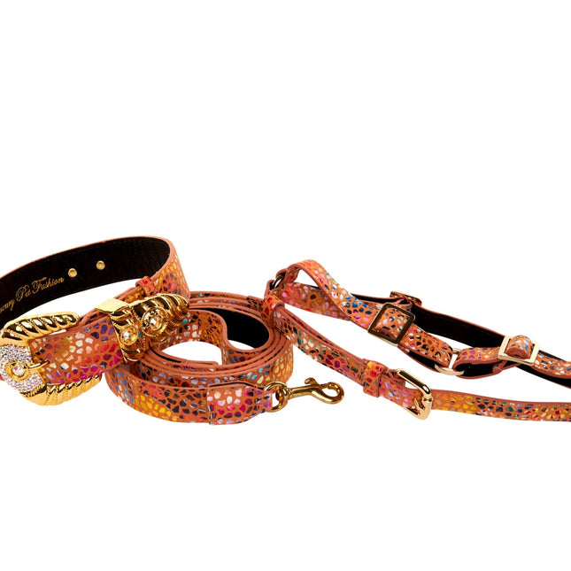 Orange Floral Mosaic Italian Leather/Ornate Swarovski Crystal Hardware Collar, Leash, Harness Set