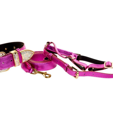 Pink Foil Italian Leather/Swarovski Crystal Collar, Leash, Harness Set