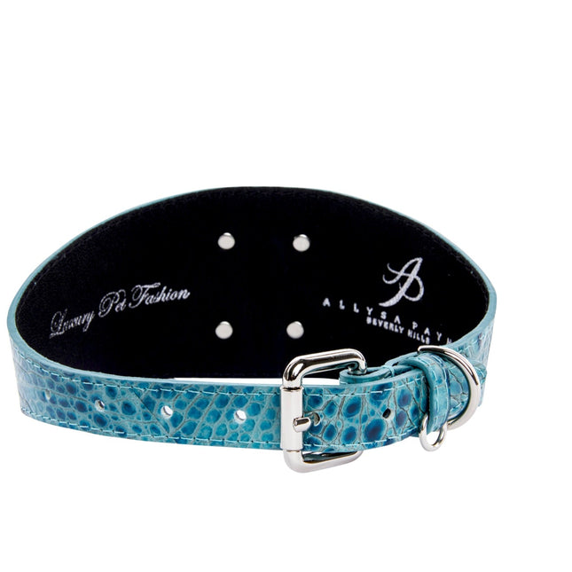 Turquoise Embossed Croc Italian Leather 3” Wide Style Collar With Large Silver Custom Rivet