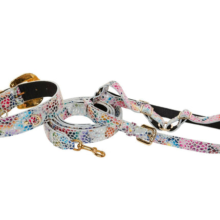 White Floral Mosaic Italian Leather Collar, Leash, Harness Set with Orante Swarovski Crystal Hardware