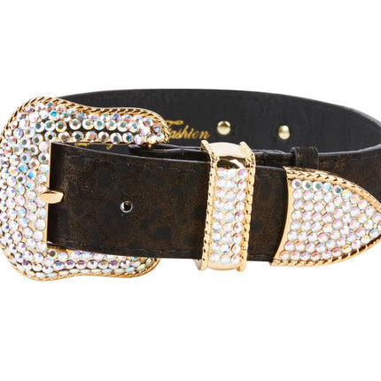 Dark Brown/Bronze Abstract Leopard Print Italian Leather Collar With Swarovski Crystal Hardware