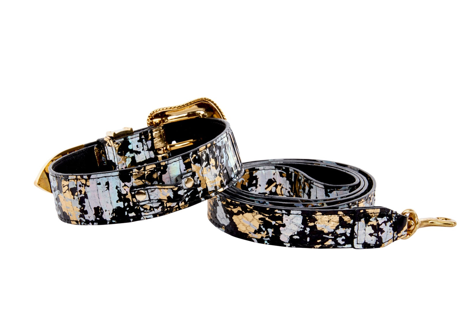 Black, Gold, Silver Iridescent Snake Collar & Leash Set With Swarovski Crystal Hardware