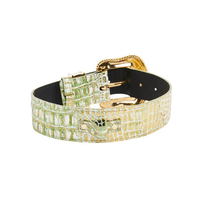 Luxury Pet Fashion Green/Gold Embossed Croc Italian Leather/Swarovski Crystal Collar