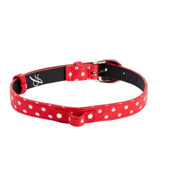 Red & Silver Polka Dot Italian Leather Collar With Oval Silver Hardware