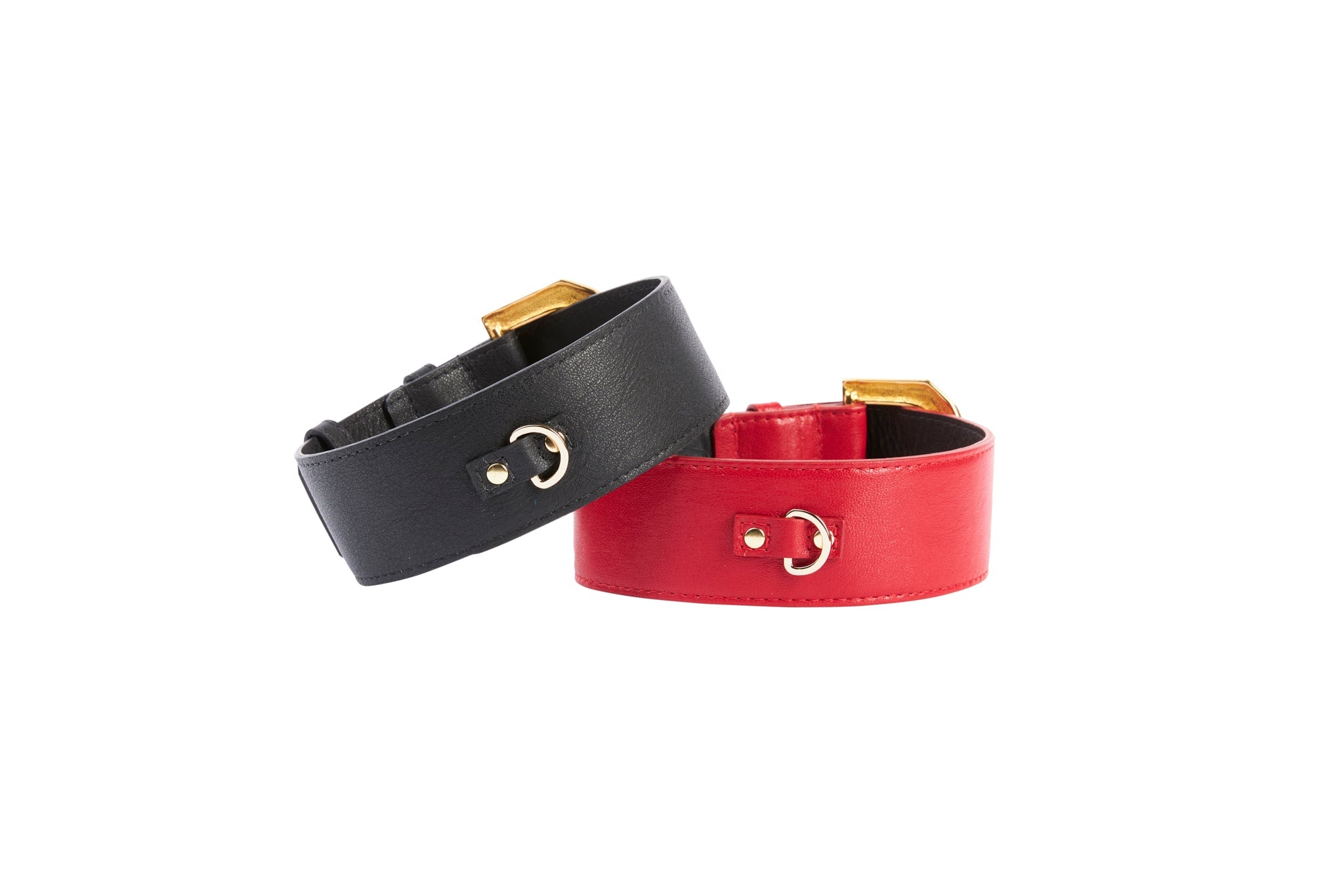 Black Italian Leather & Red Italian Leather Collar Set With Custom Glamorous Italian Hardware