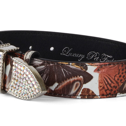 Butterfly Print Italian Leather Collar With Custom Swarovski Crystal Hardware