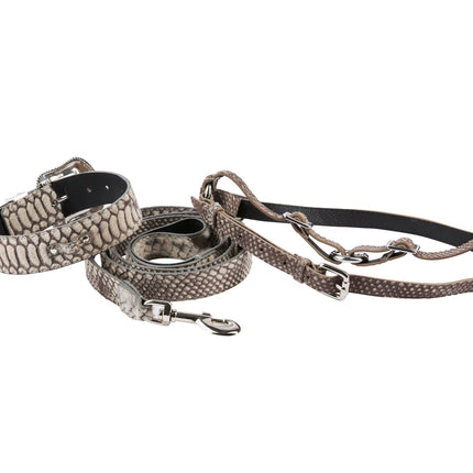 Grey Snake Print Hair On Hide Italian Leather Collar & Leash Set With Swarovski Crystal Hardware