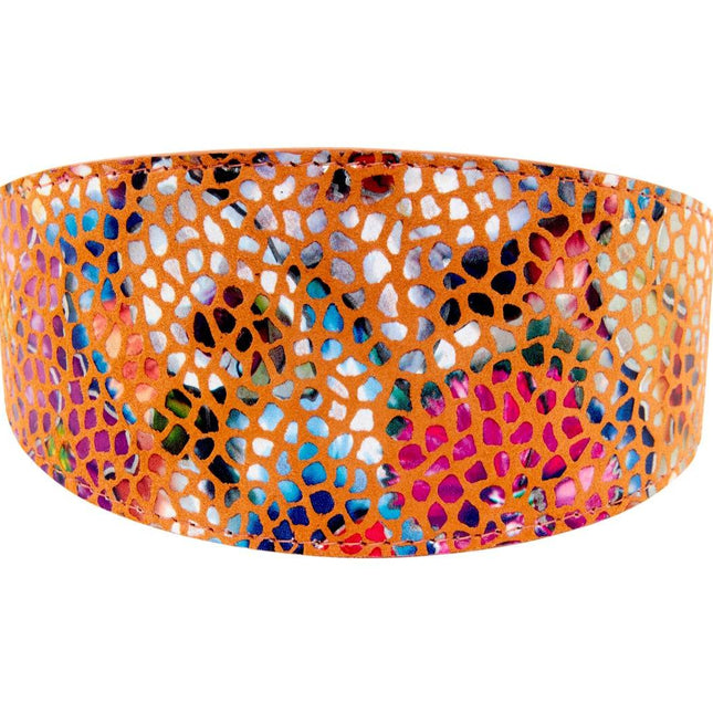 Orange Floral Mosaic Italian Leather 3” Wide Style Collar