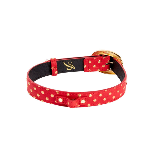 Red & Gold Polka Dot Italian Leather Collar With Italian/Swarovski Hardware & Heart Charm