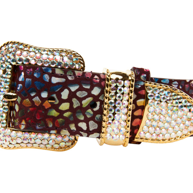 Luxury Pet Fashion Burgundy Floral Mosaic Italian Leather With Gold Swarovski Crystal Hardware