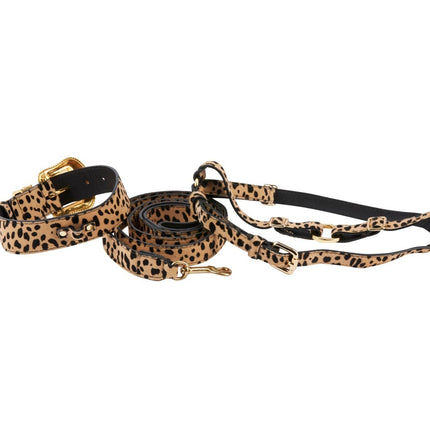 Classic Leopard Print Hair On Hide Italian Leather Swarovski Crystal Collar, Leash & Harness Set