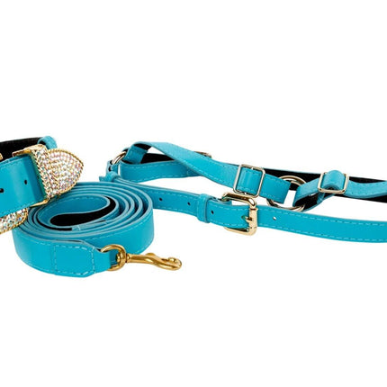 Aqua Blue Italian Leather/Swarovski Crystal Collar, Leash, Harness Set