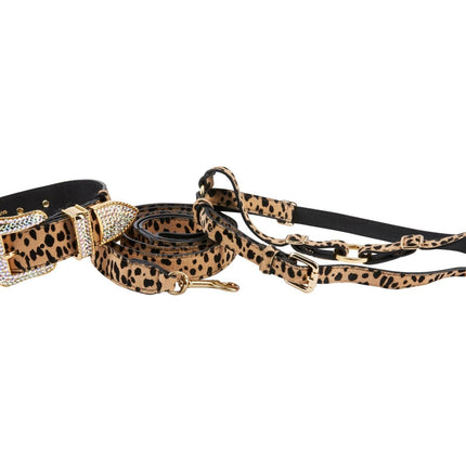 Classic Leopard Print Hair On Hide Italian Leather Swarovski Crystal Collar, Leash & Harness Set