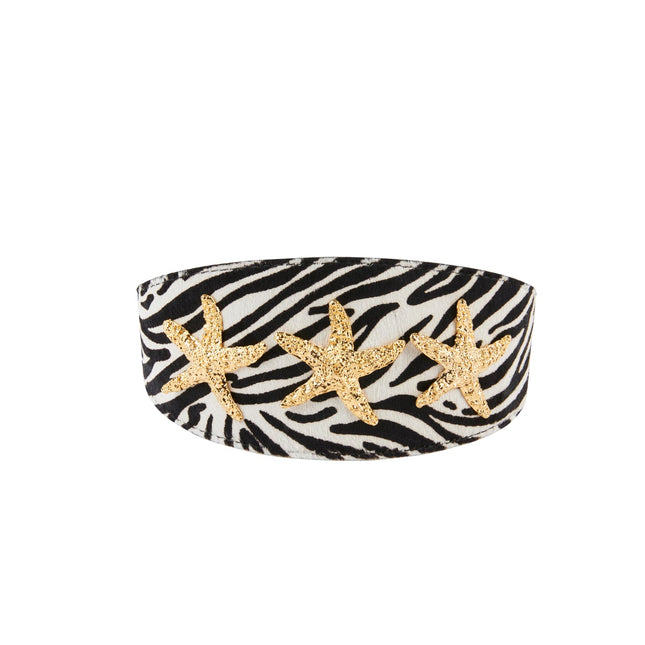 Zebra Print Hair On Hide Italian Leather Collar With Gold Starfish