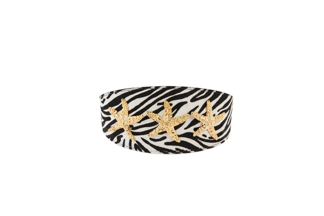 Zebra Print Hair On Hide Italian Leather Collar With Gold Starfish