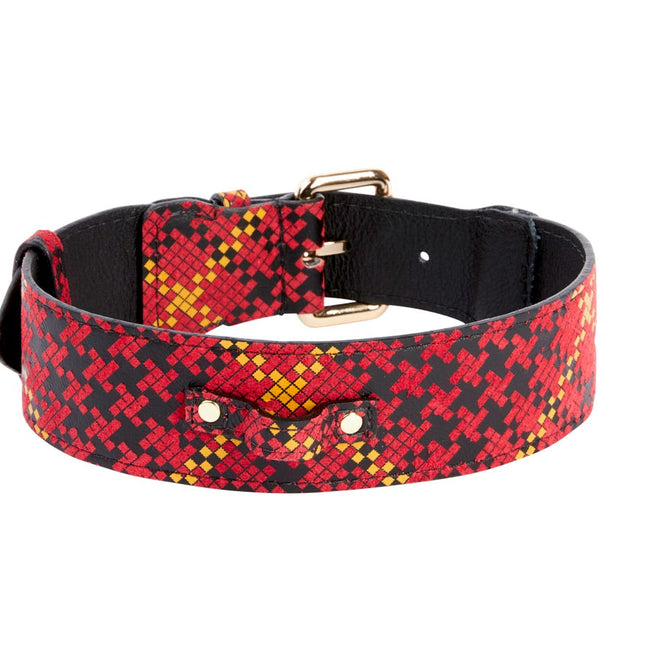 Red, Black & Yellow Elegant Plaid Italian Leather Collar With Gold Classic Hardware