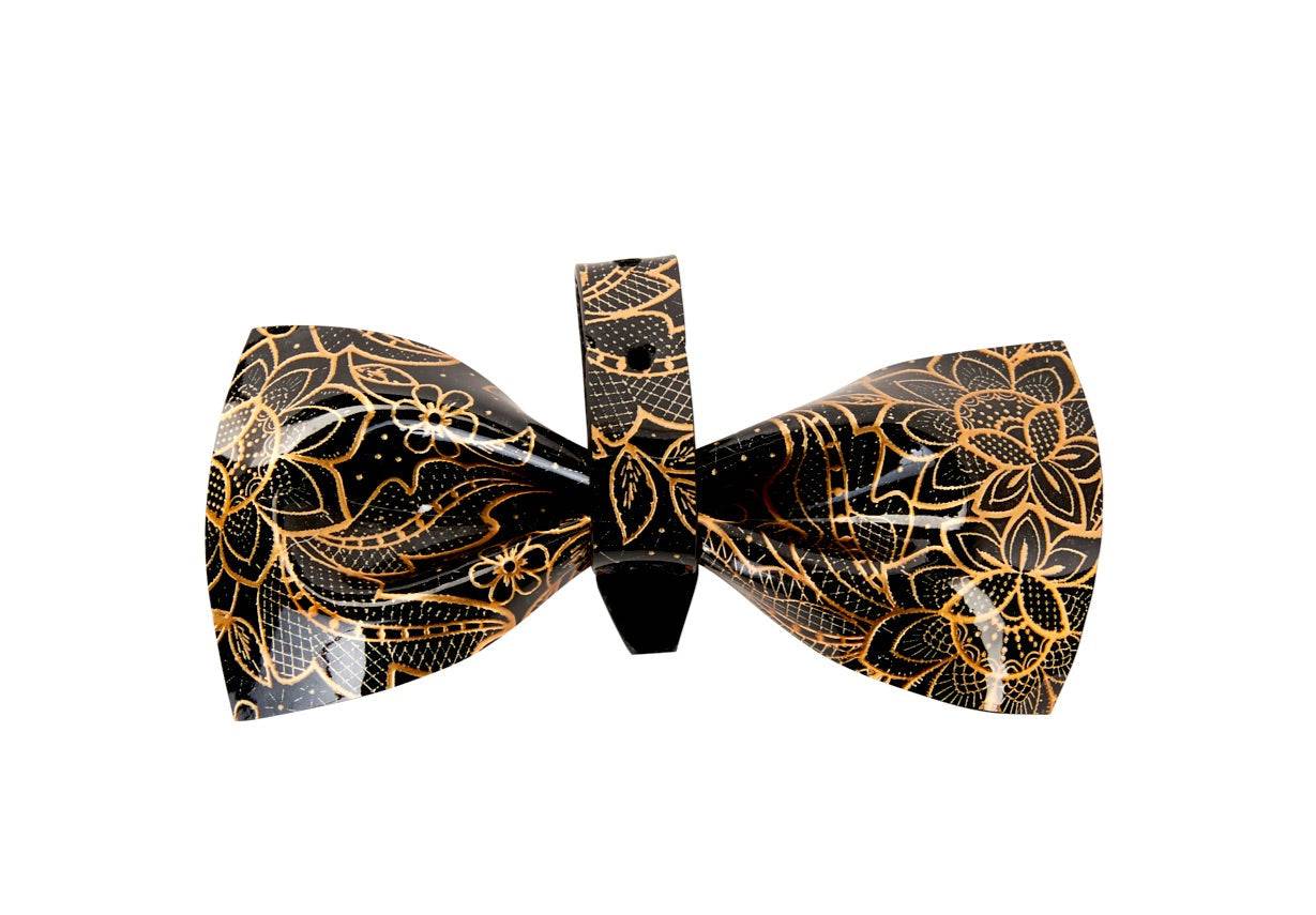 Black & Gold Floral Print Patent Italian Leather Bowtie