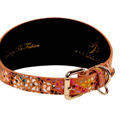 Orange Floral Mosaic Italian Leather 3” Wide Style Collar