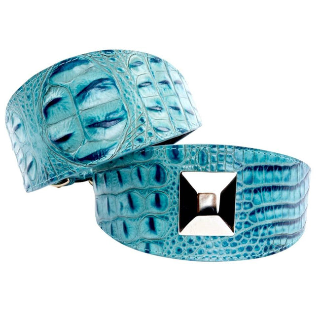 Turquoise Embossed Croc Italian Leather 3” Wide Style Collar Set Of 2