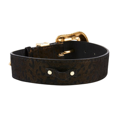 Dark Brown/Bronze Abstract Leopard Print Italian Leather Collar With Swarovski Crystal Hardware