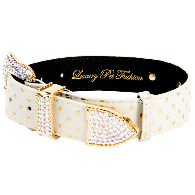 White & Gold Polka Dot Italian Leather Collar With Swarovski Crystal Hardware