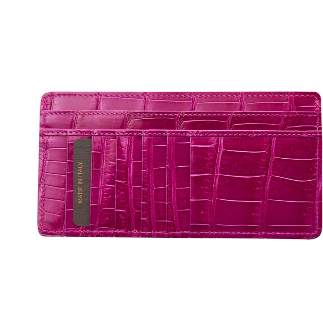 Fuchsia Croc Card Wallet With Zip Pocket