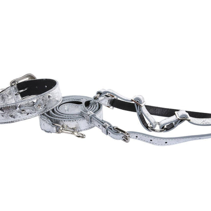 Silver Studded Italian Leather Swarovski Crystal Collar, Leash, Harness Set