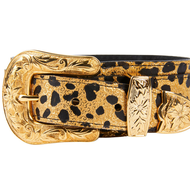 Leopard Print Italian Leather Collar With Gold Western Style Floral Hardware