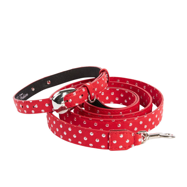 Red & Silver Polka Dot Italian Leather Collar & Leash Set With Silver Oval Hardware