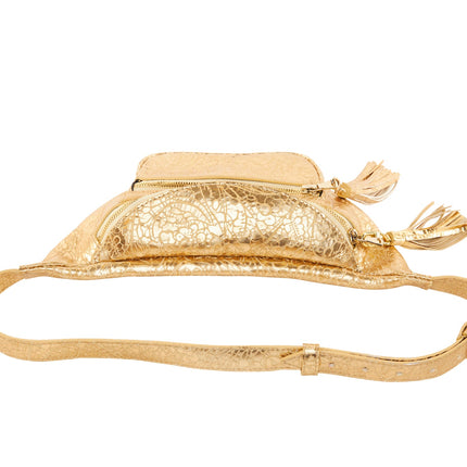 Gold Floral Embossed Italian Leather Cross Body Belt Bag