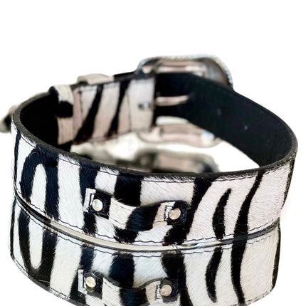 Luxury Pet Fashion Tiger Print Hair On Hide Italian Leather Collar With Swarovski Crystal Hardware