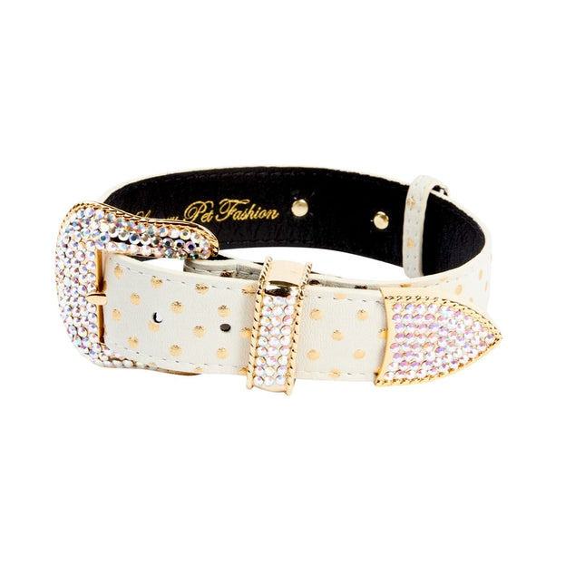 White & Gold Polka Dot Italian Leather Collar With Swarovski Crystal Hardware