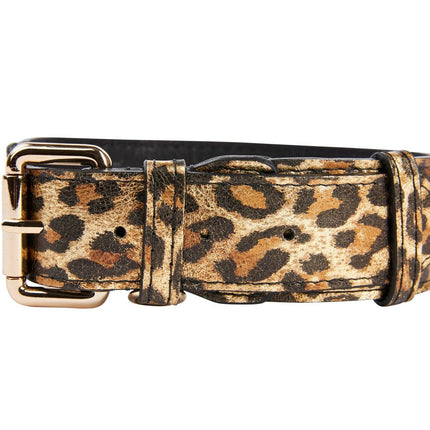 Leopard Print Italian Leather Collar With Gold Classic Hardware