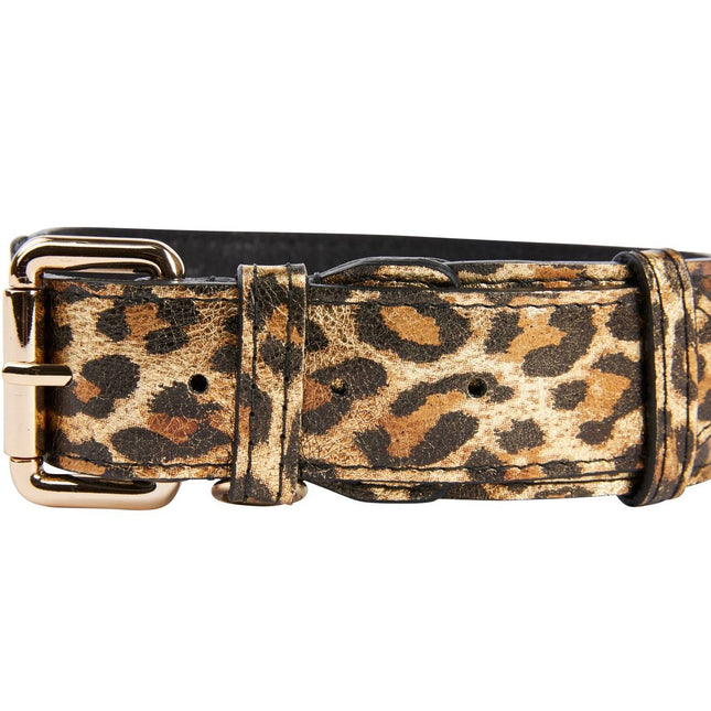 Leopard Print Italian Leather Collar With Gold Classic Hardware