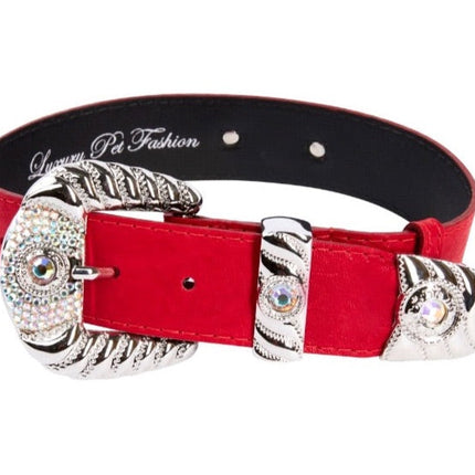 Red Distressed Italian Leather With Silver Ornate Swarovski Hardware